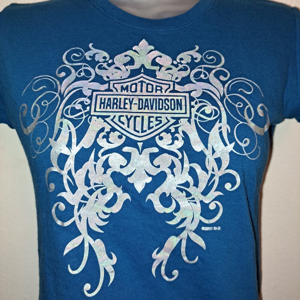 Harley Davidson Short Sleeve Metallic Iridescent Scroll Print Tee - Picture 8 of 8